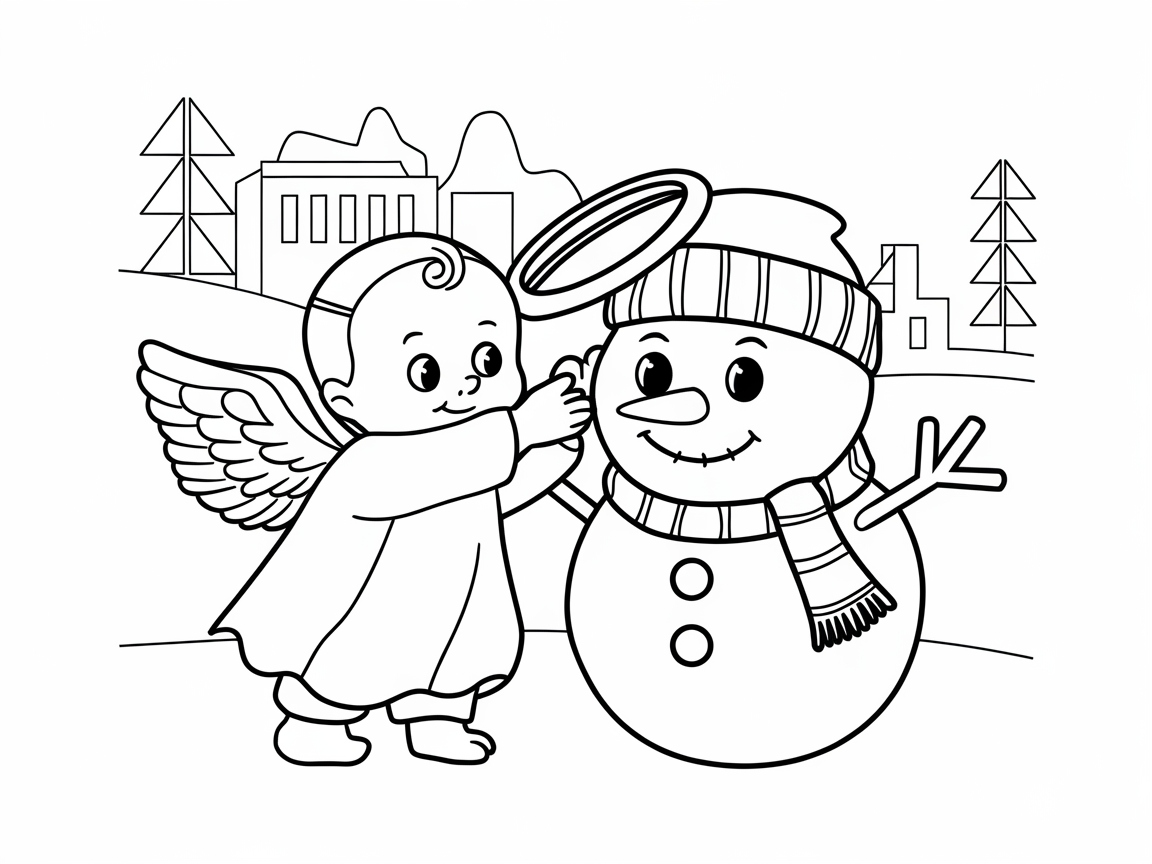 Winter Angel Baby Building a Snowman