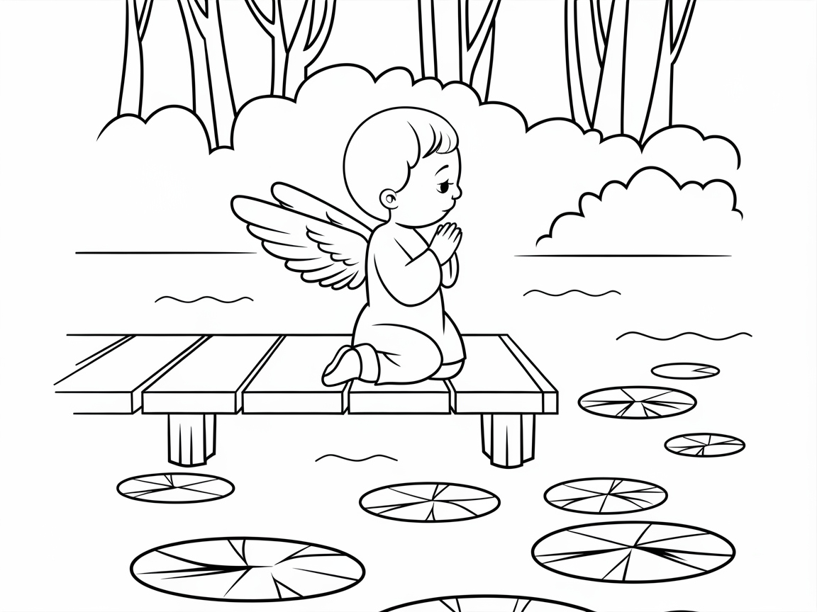 Peaceful Baby Angel by a Lily Pond Coloring Page