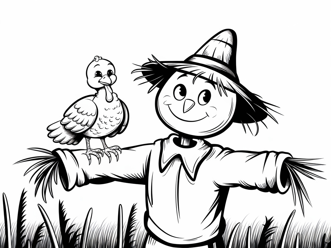 Color This Friendly Turkey and Scarecrow Duo