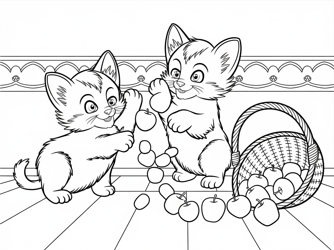 Playful Kittens with Apple Basket