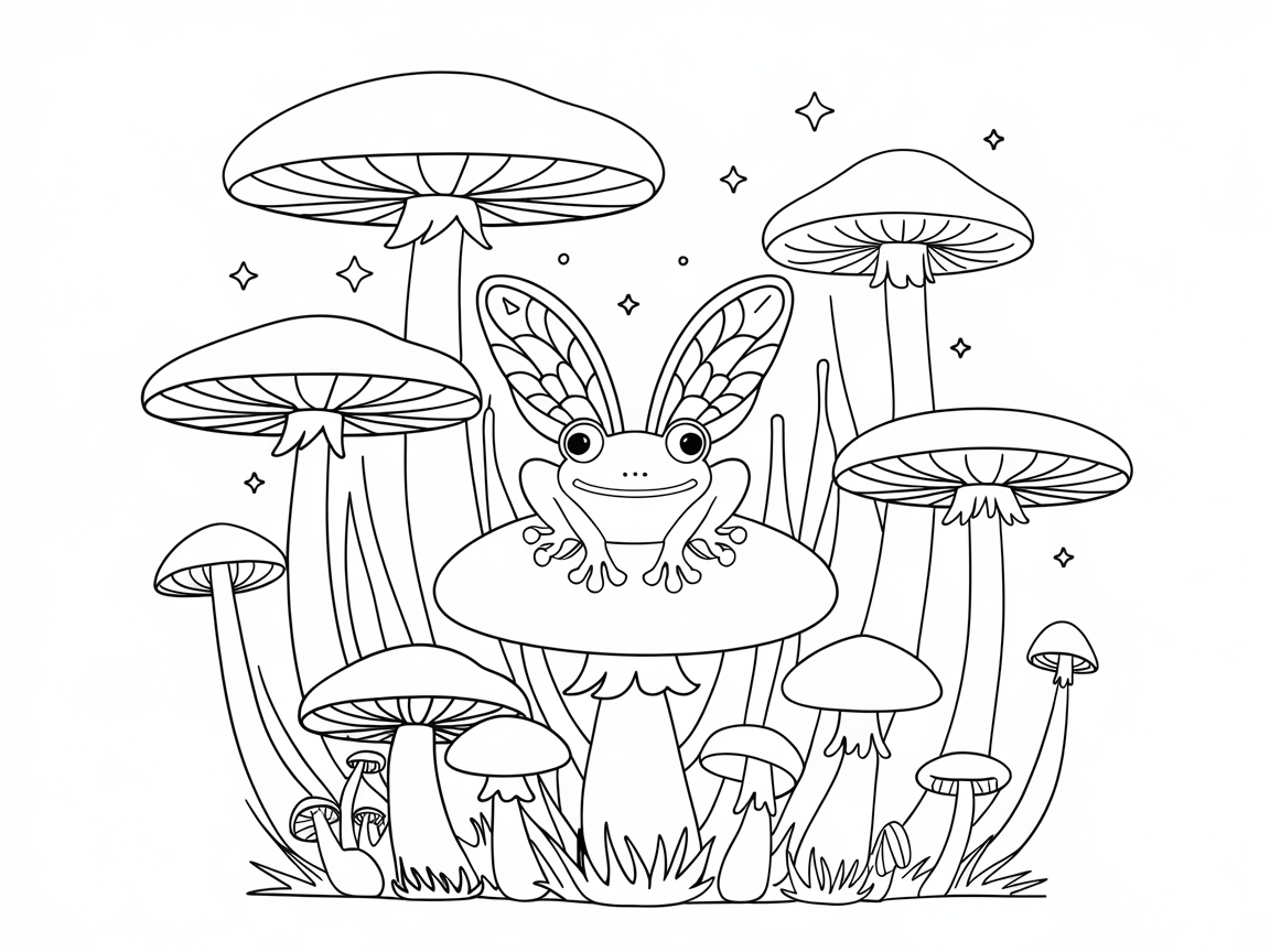 Fairy Frog Among Enchanted Mushrooms Coloring Page