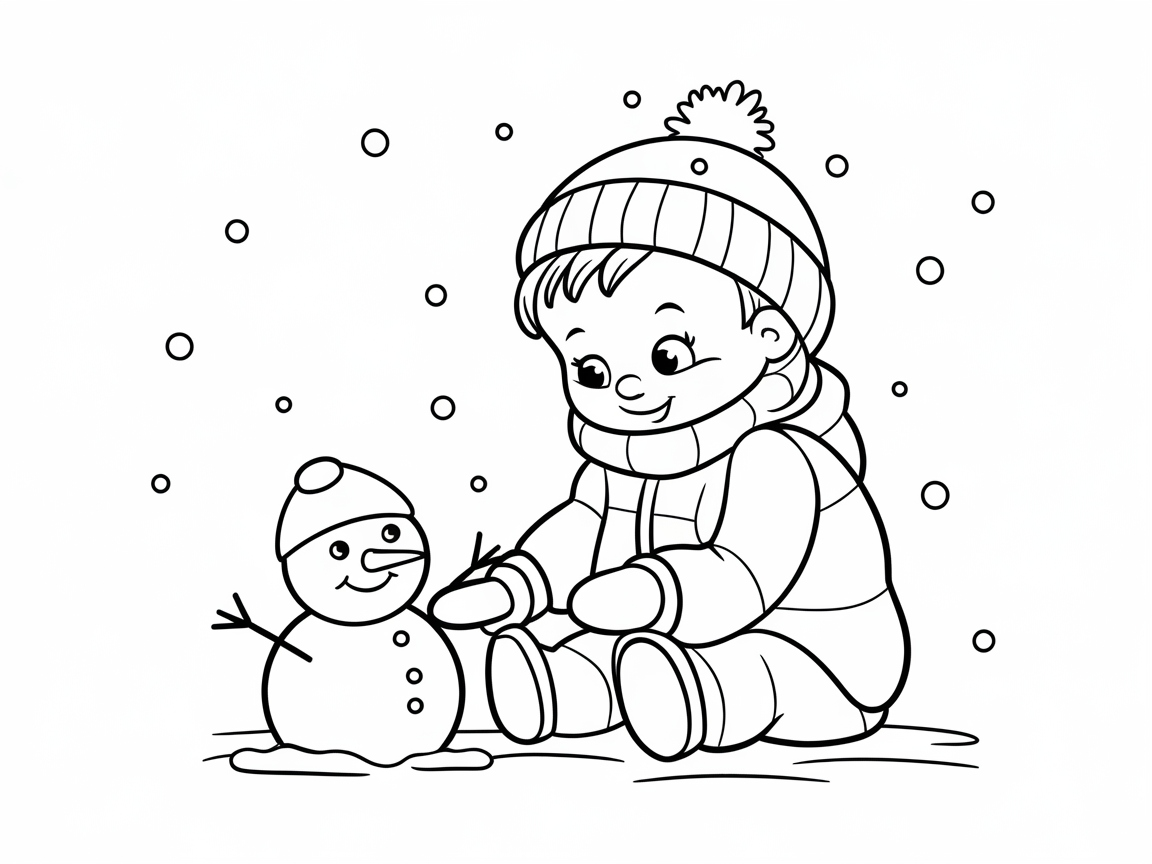Winter Wonderland: Baby Building a Snowman Coloring Page