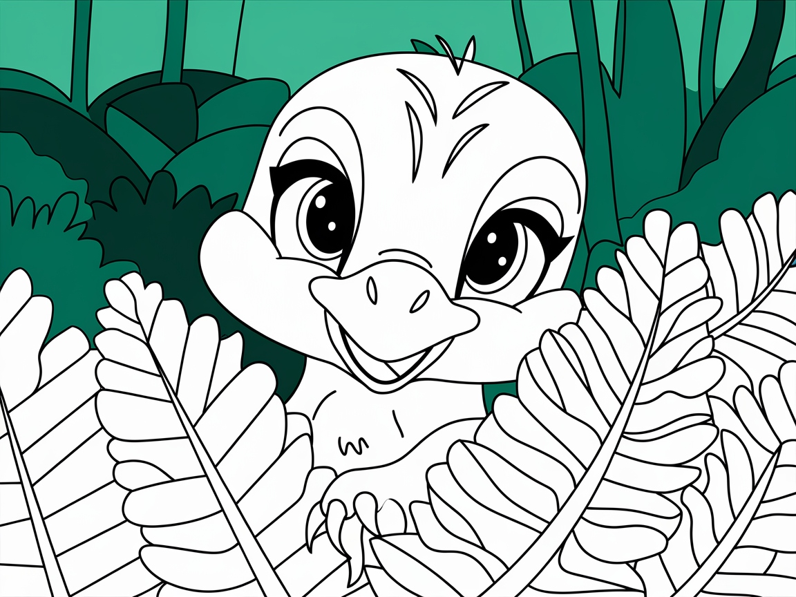 Cheerful Baby Raptor Peeking Through Leaves