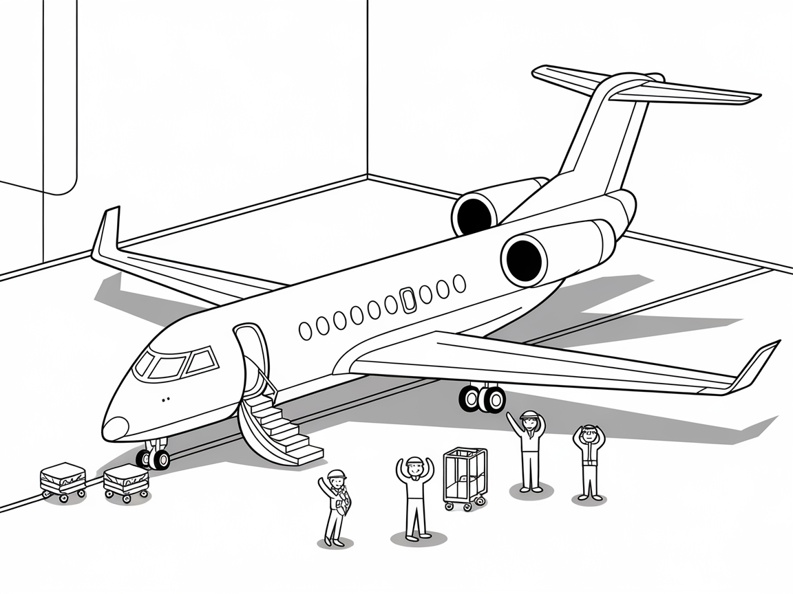 Prepare for Landing with This Private Jet and Crew Coloring Page