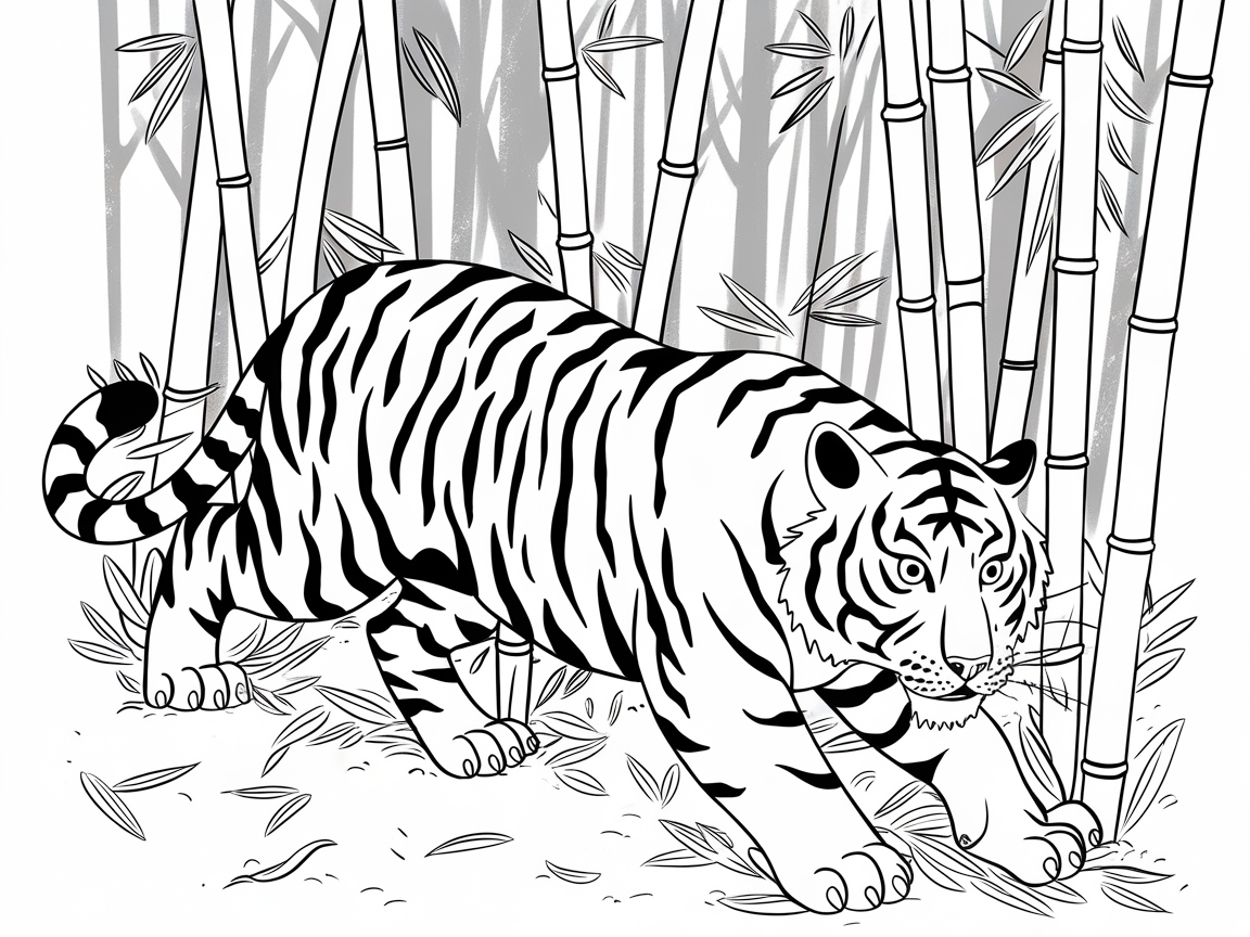 Majestic Tiger Prowling Through Bamboo Forest