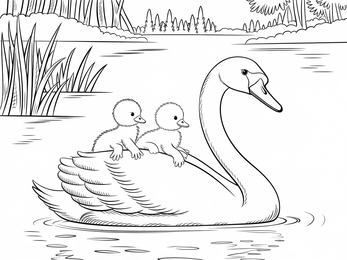 Graceful Swan with Adorable Chicks