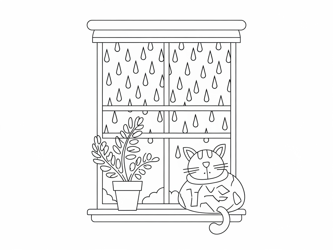 Cozy Cat Watching the Rain from the Windowsill