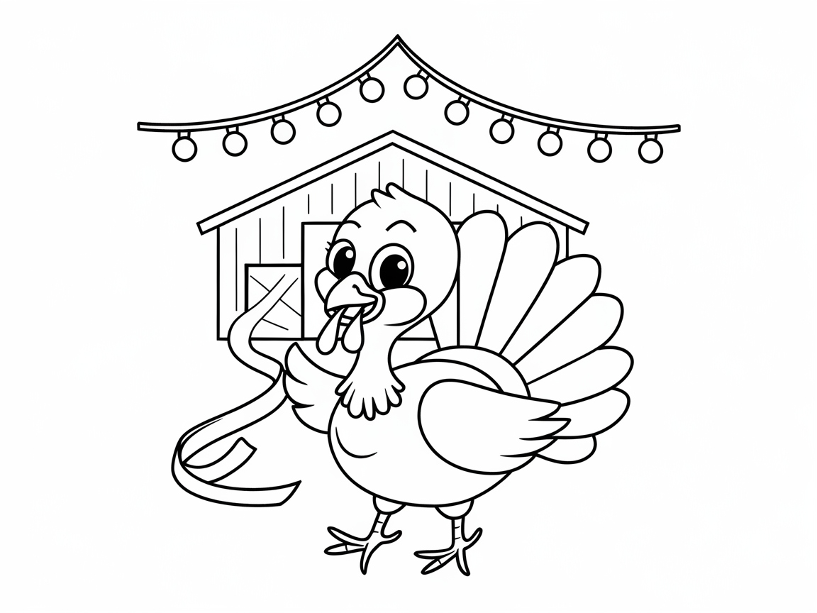 Color This Lively Turkey Dancing in Front of a Barn