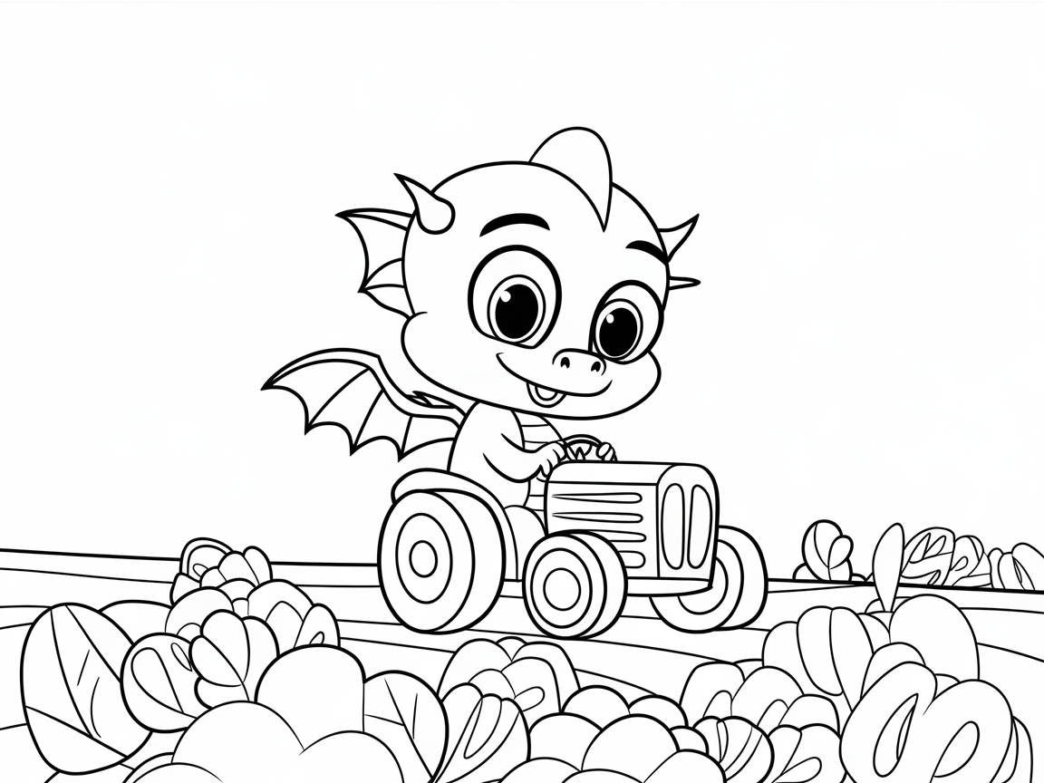 Baby Dragon Riding a Tractor Through the Garden