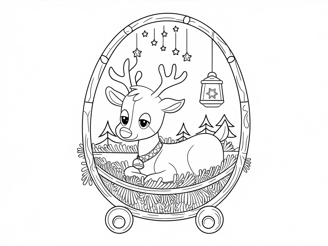 Cozy Baby Reindeer Resting in a Festive Cradle