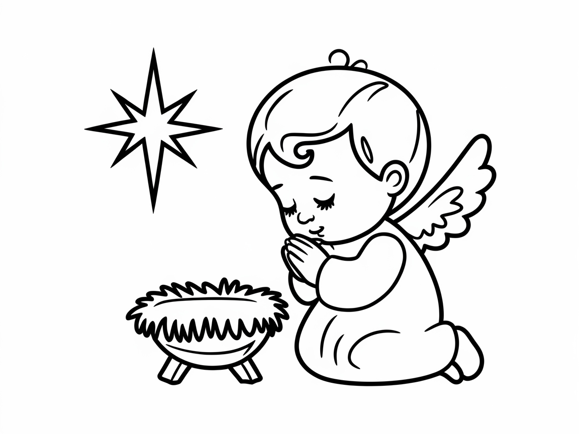 Baby Angel Praying by the Manger Coloring Page