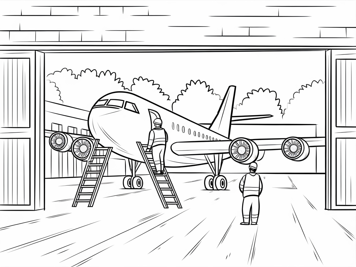 Explore the Hangar with This Airplane Maintenance Coloring Page