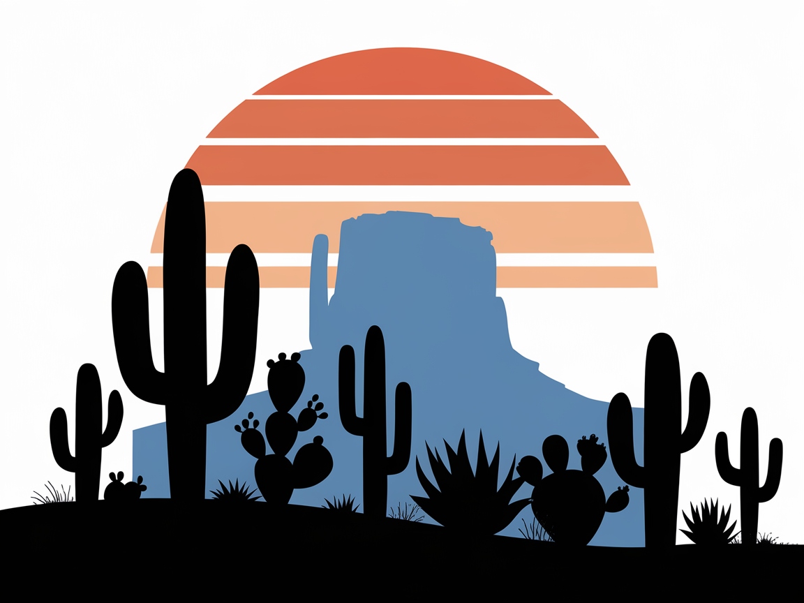 Sunset Over Desertscape with Cacti Silhouettes