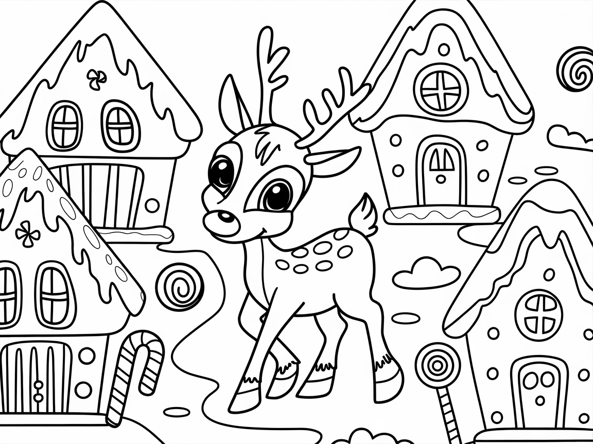 Whimsical Baby Reindeer in a Candy Village