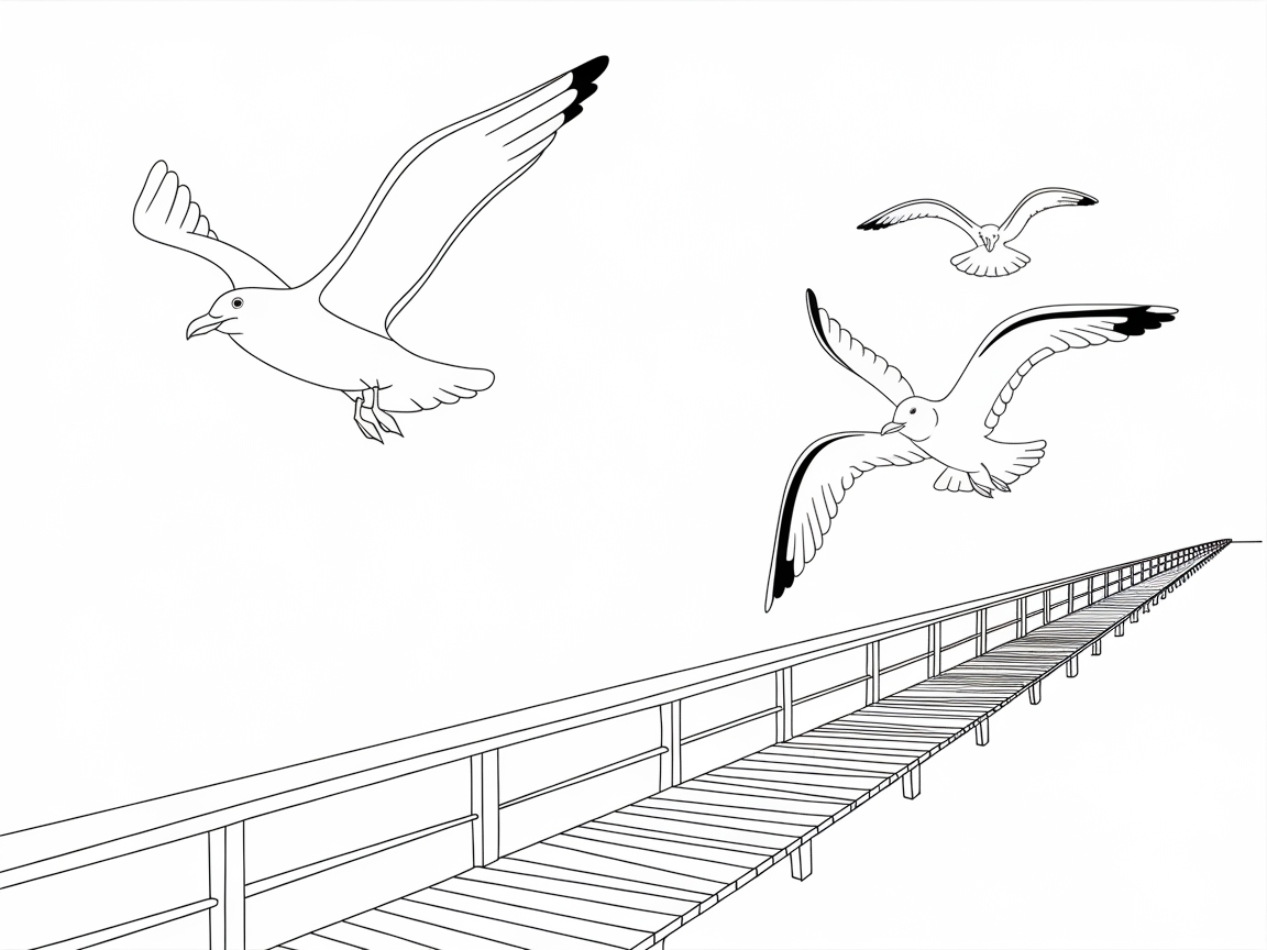 Soar with the Seagulls Over This Serene Pier