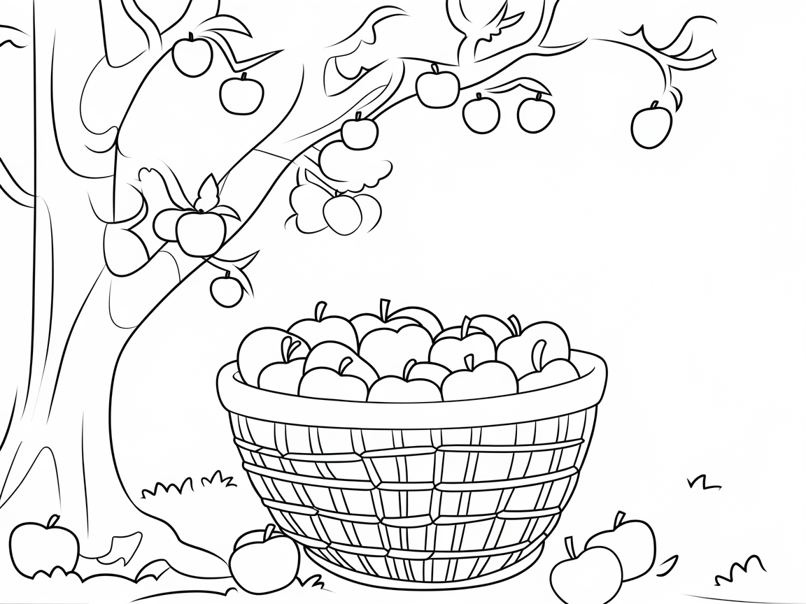 Basket Brimming with Apples Under the Orchard Tree