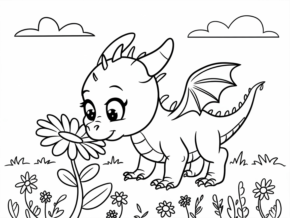 Curious Baby Dragon Sniffing a Flower