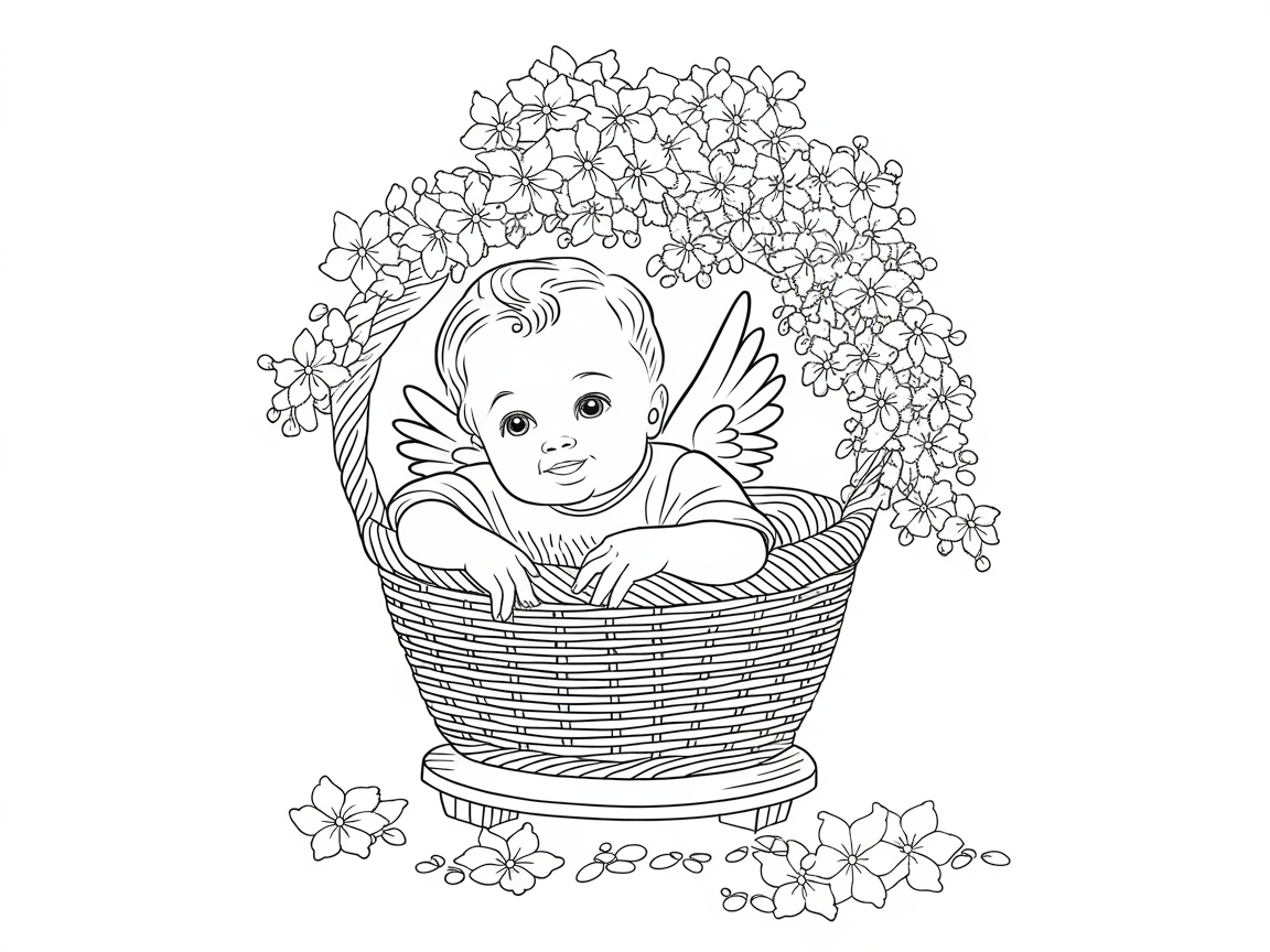 Basket Baby Angel with Blooming Flowers