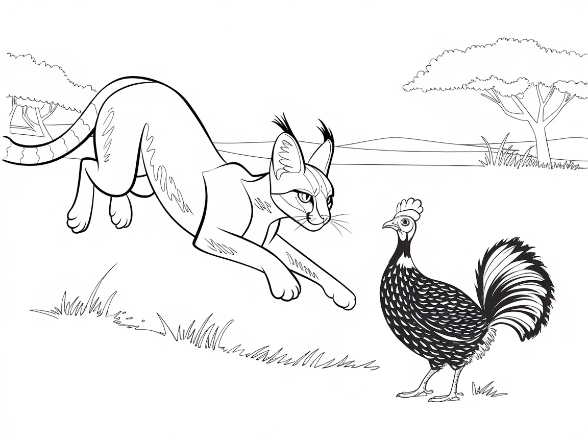 Caracal Leaping Toward a Guinea Fowl on the Savanna