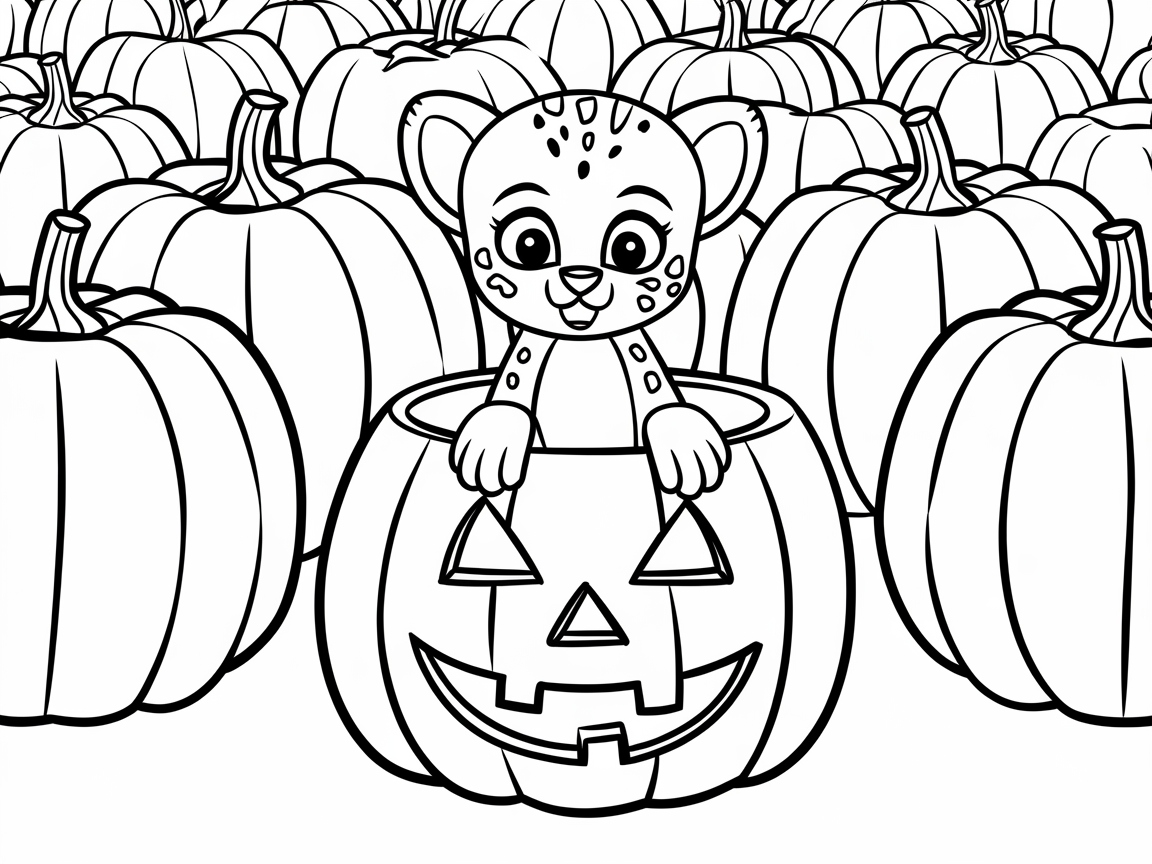 Playful Cheetah Cub Peeking from a Pumpkin Patch
