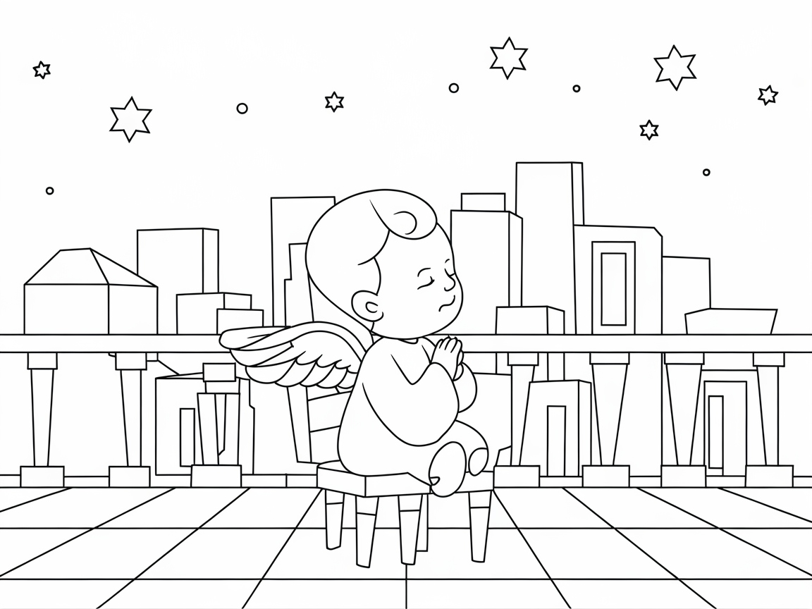 Praying Baby Angel on a Rooftop Coloring Page