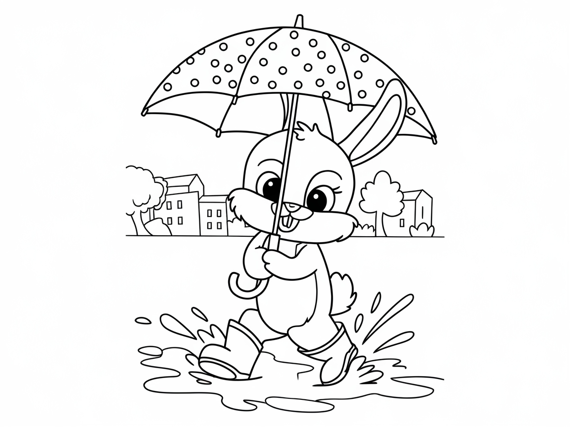 Rainy Day Adventure with Bunny Under an Umbrella