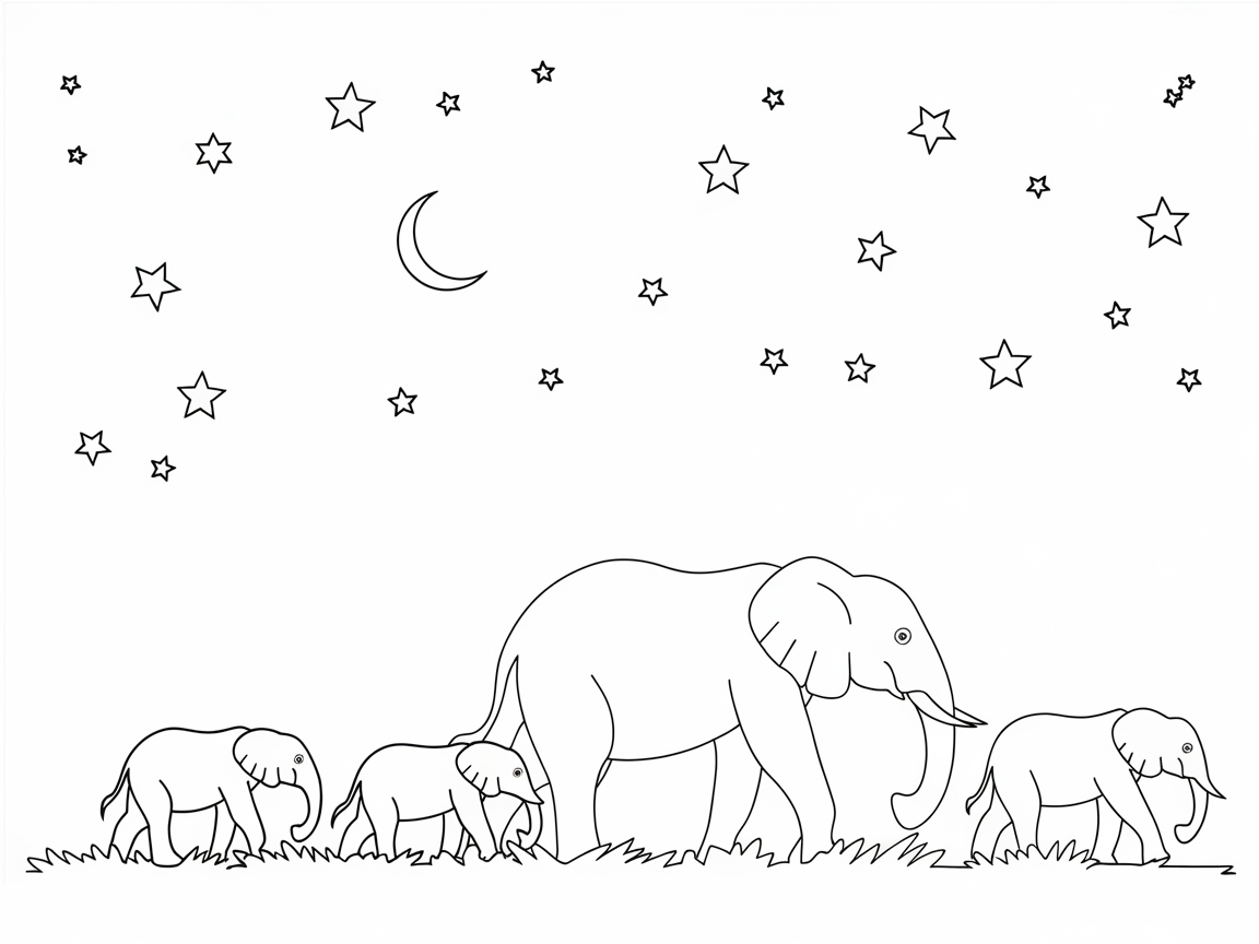 Nighttime Parade of Elephants Under Starry Skies