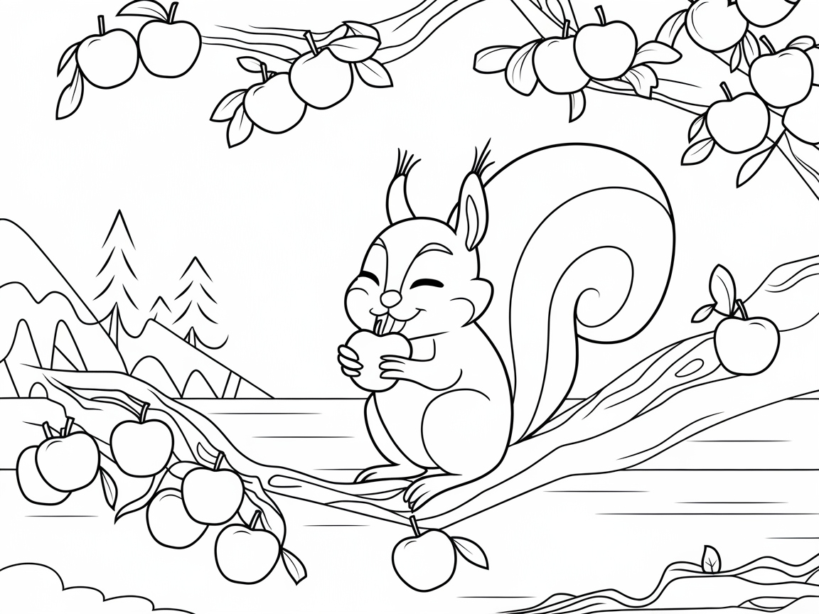 Color a Cheery Squirrel in this Apple Tree Scene