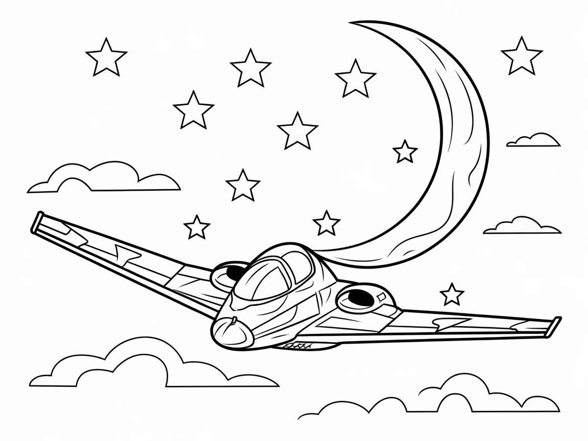 Night Flight Delight with This Moonlit Jet Coloring Page