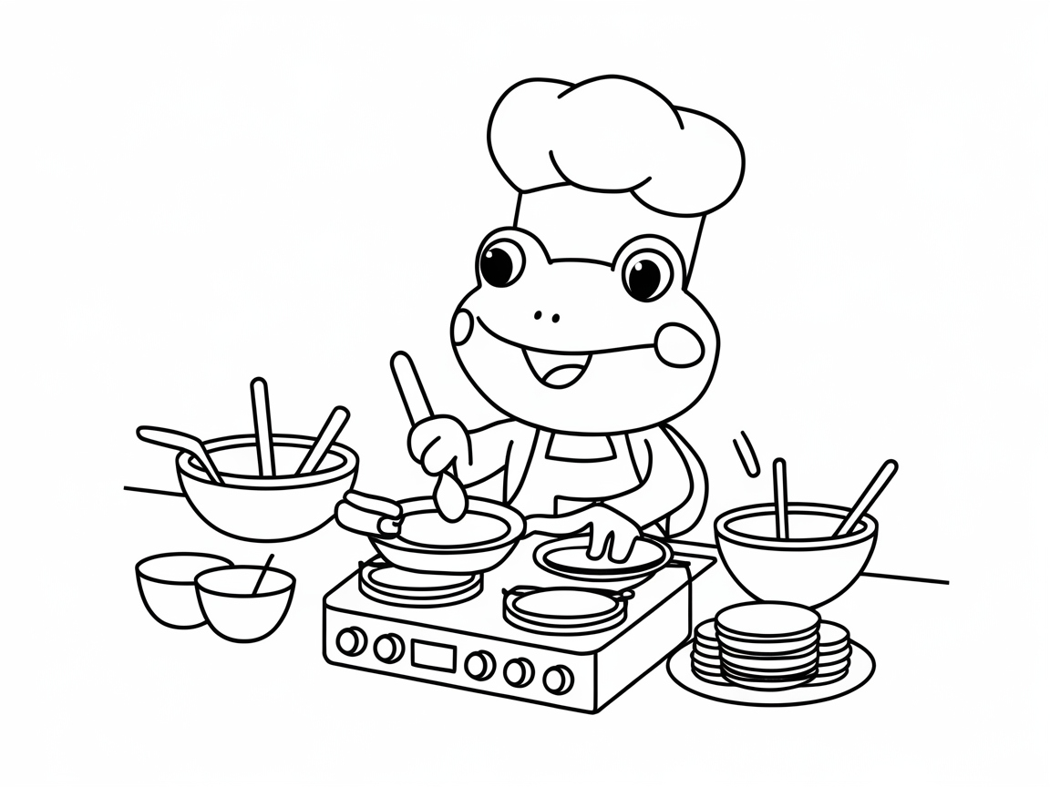 Cheerful Frog Chef in the Kitchen Coloring Page