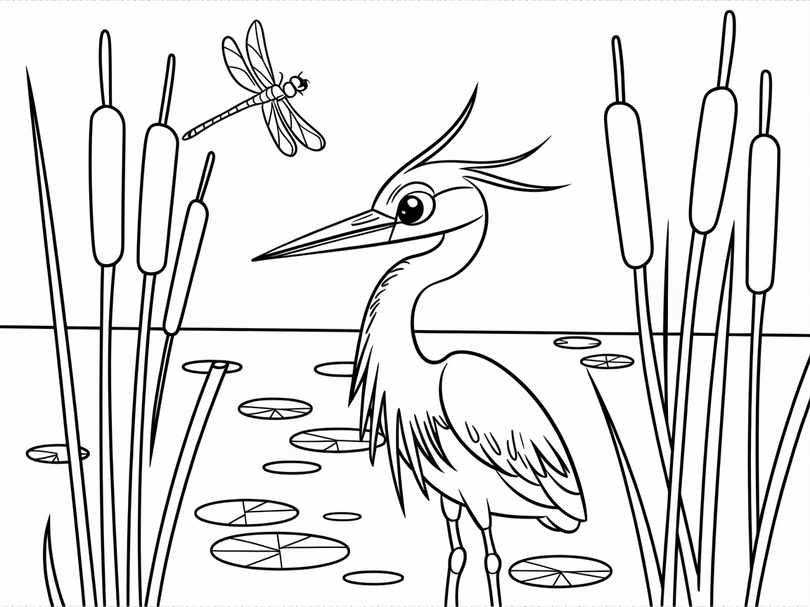 Graceful Heron and Dragonfly Delight