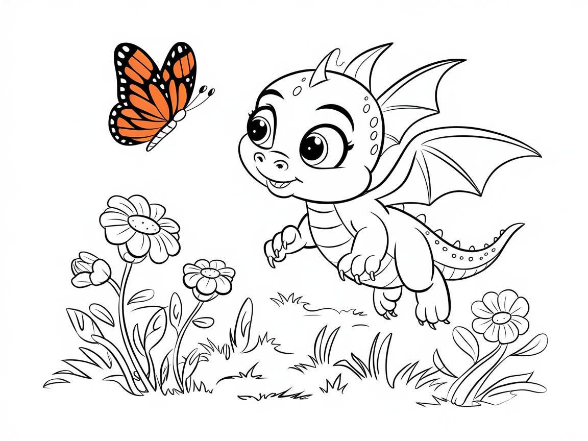 Playful Baby Dragon with a Butterfly
