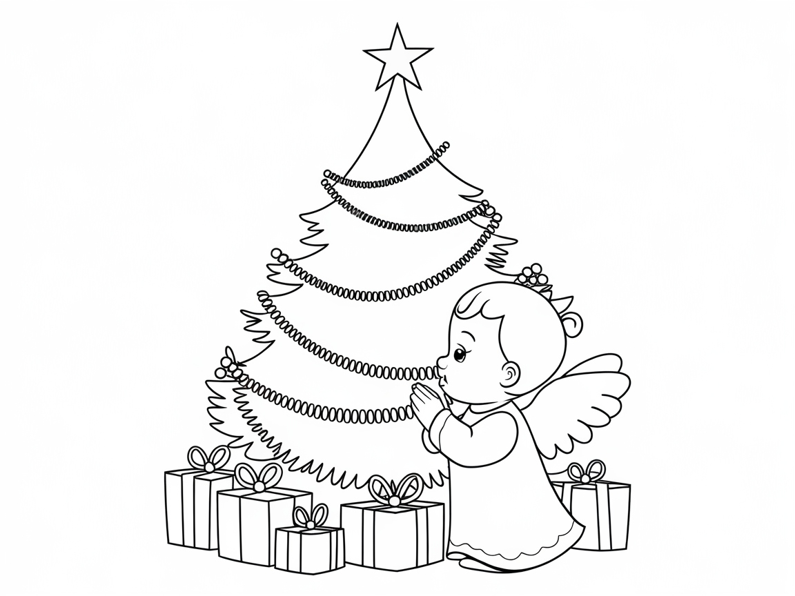 Peaceful Baby Angel By A Christmas Tree Coloring Page