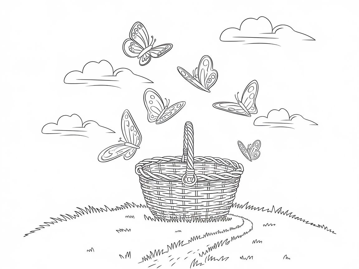 Fluttering Butterflies Over a Wicker Basket Scene