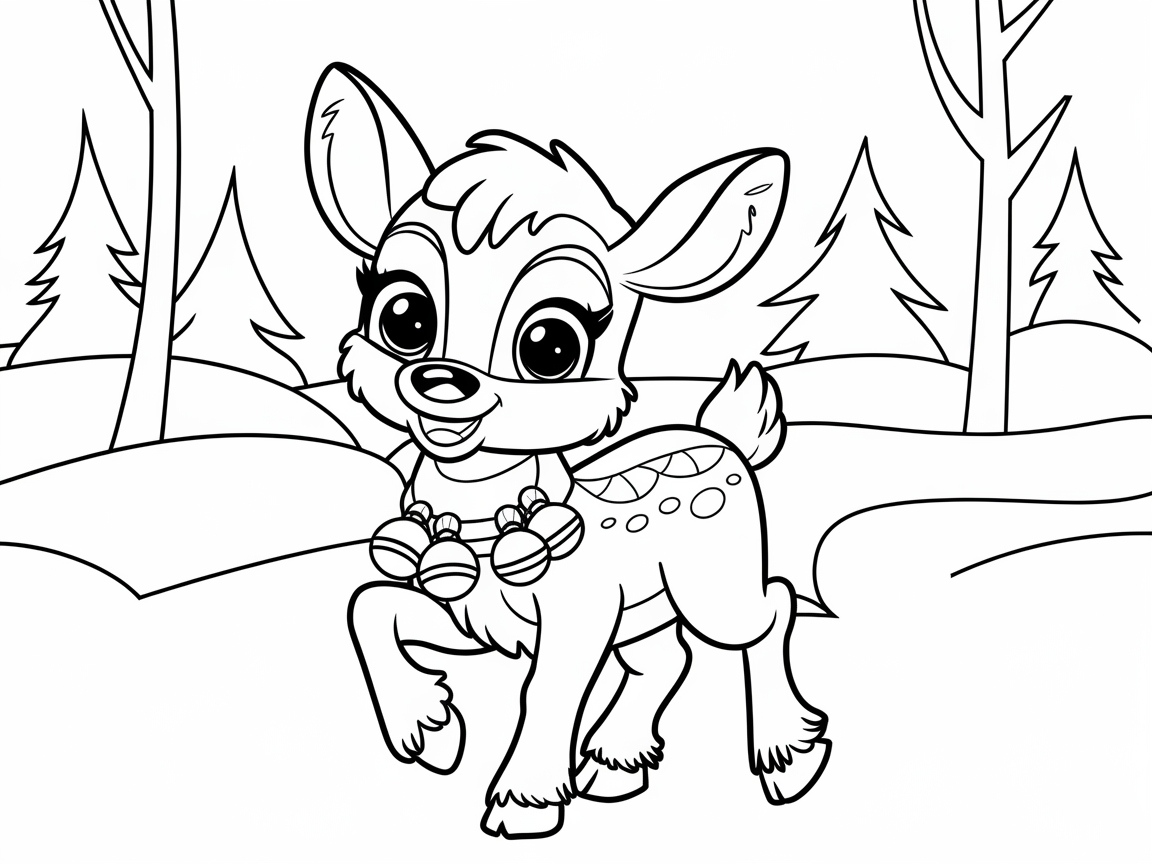 Cheerful Baby Reindeer with Jingle Bells in a Winter Forest