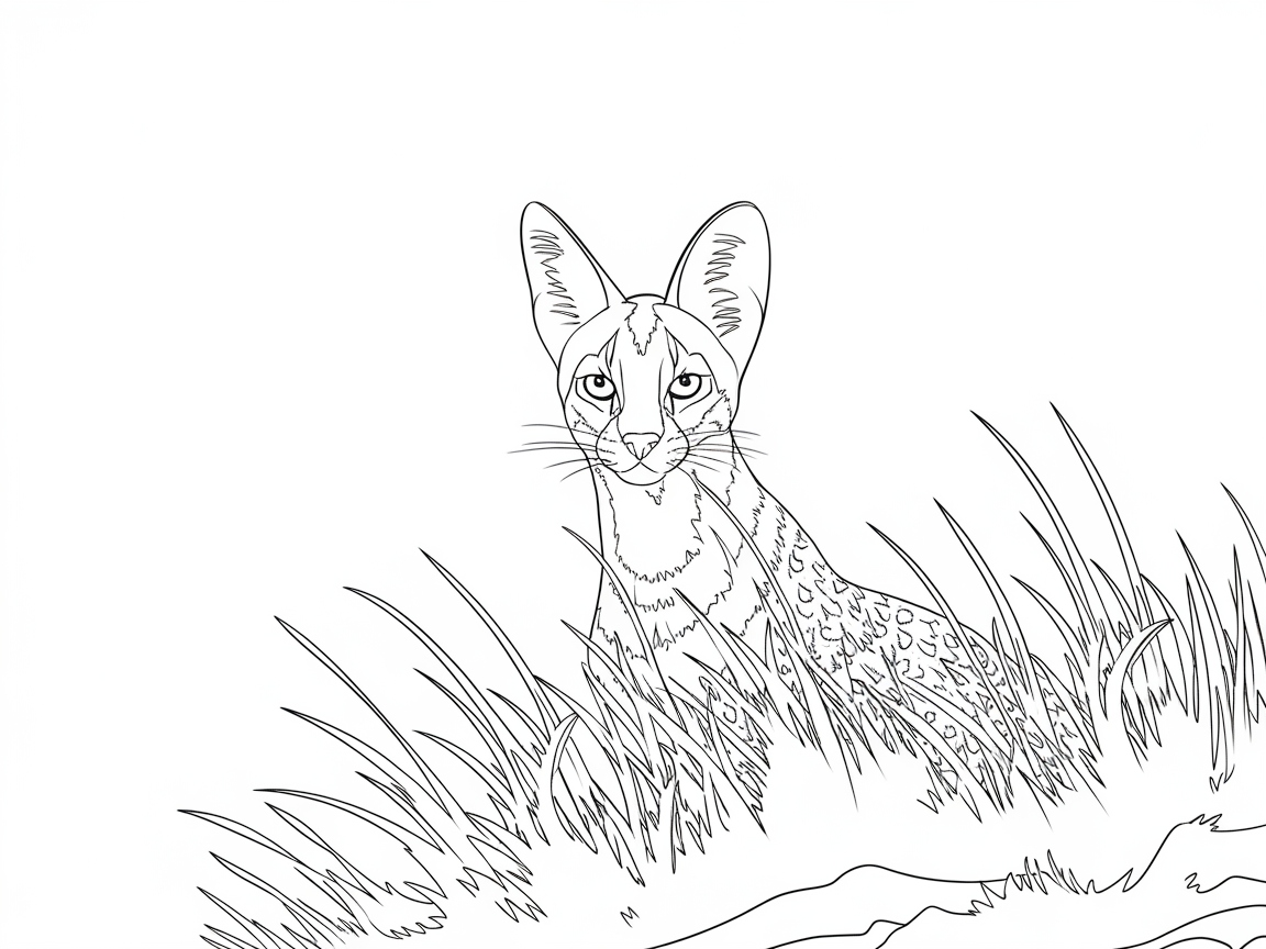 Alert Serval in Tall Savanna Grass