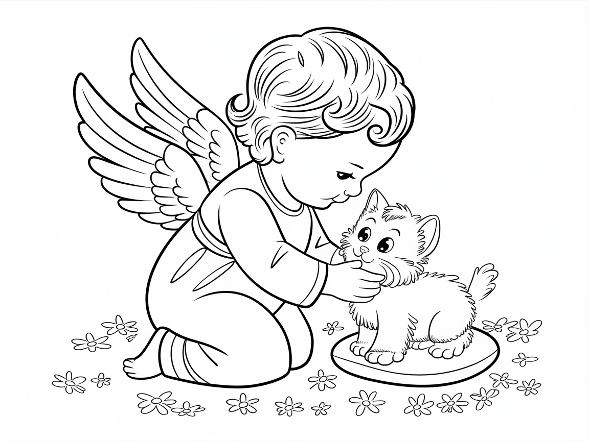 Cherubic Baby Angel with a Playful Kitten
