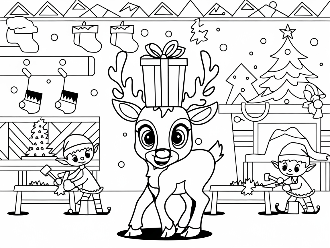 Baby Reindeer With Elves in Santa