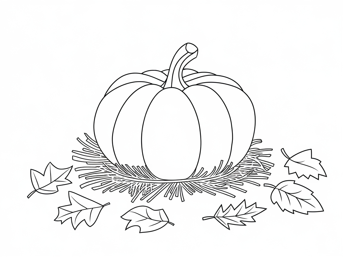 Festive Pumpkin with Autumn Leaves Coloring Page