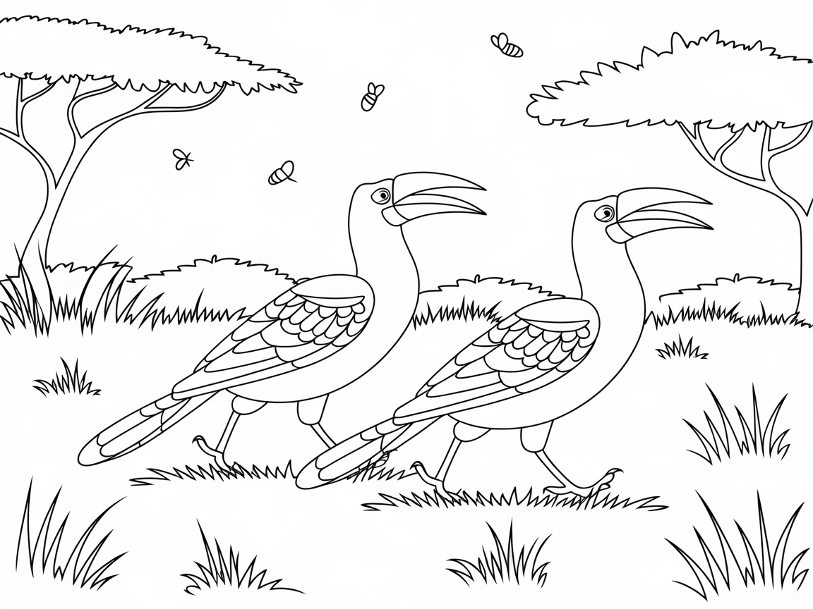 Cheerful Hornbills Strolling Under the Savanna Sun