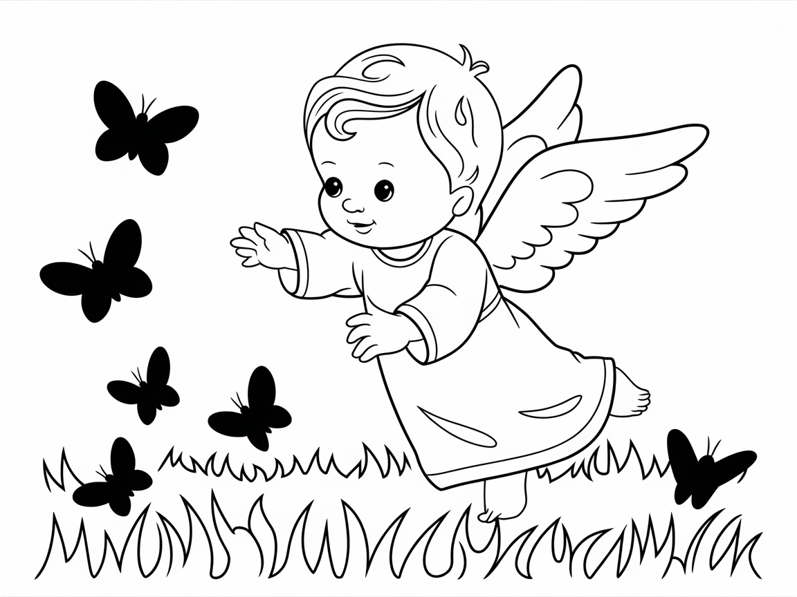 Charming Baby Angel Chasing Butterflies