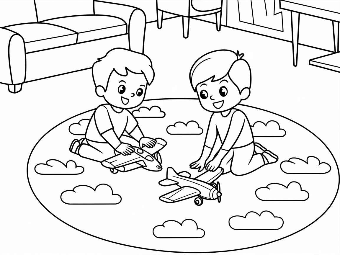 Playtime Adventure with Airplanes on a Cloudy Rug