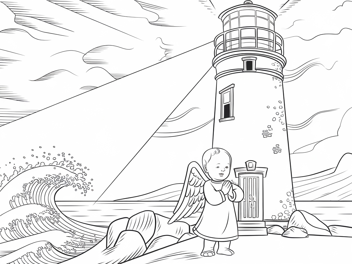 Adorable Baby Angel by a Lighthouse Coloring Page