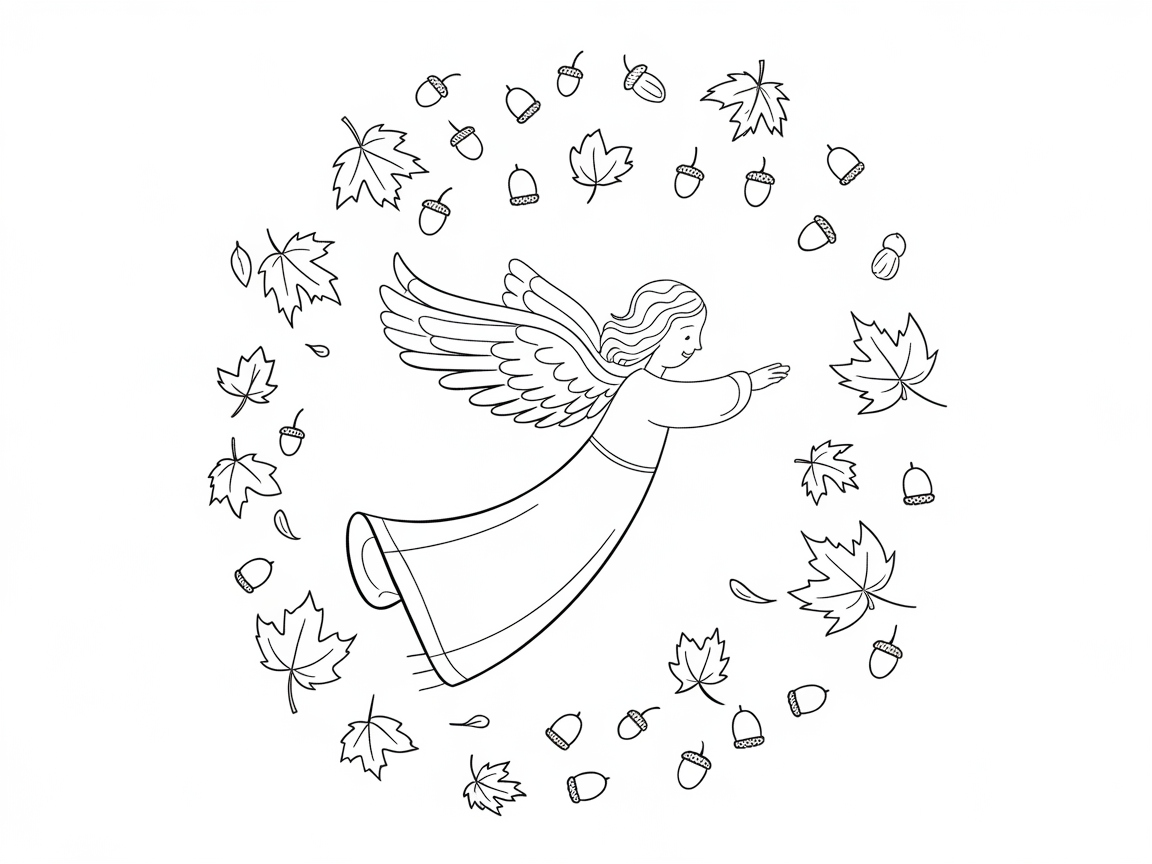 Autumn Angel with Falling Leaves and Acorns