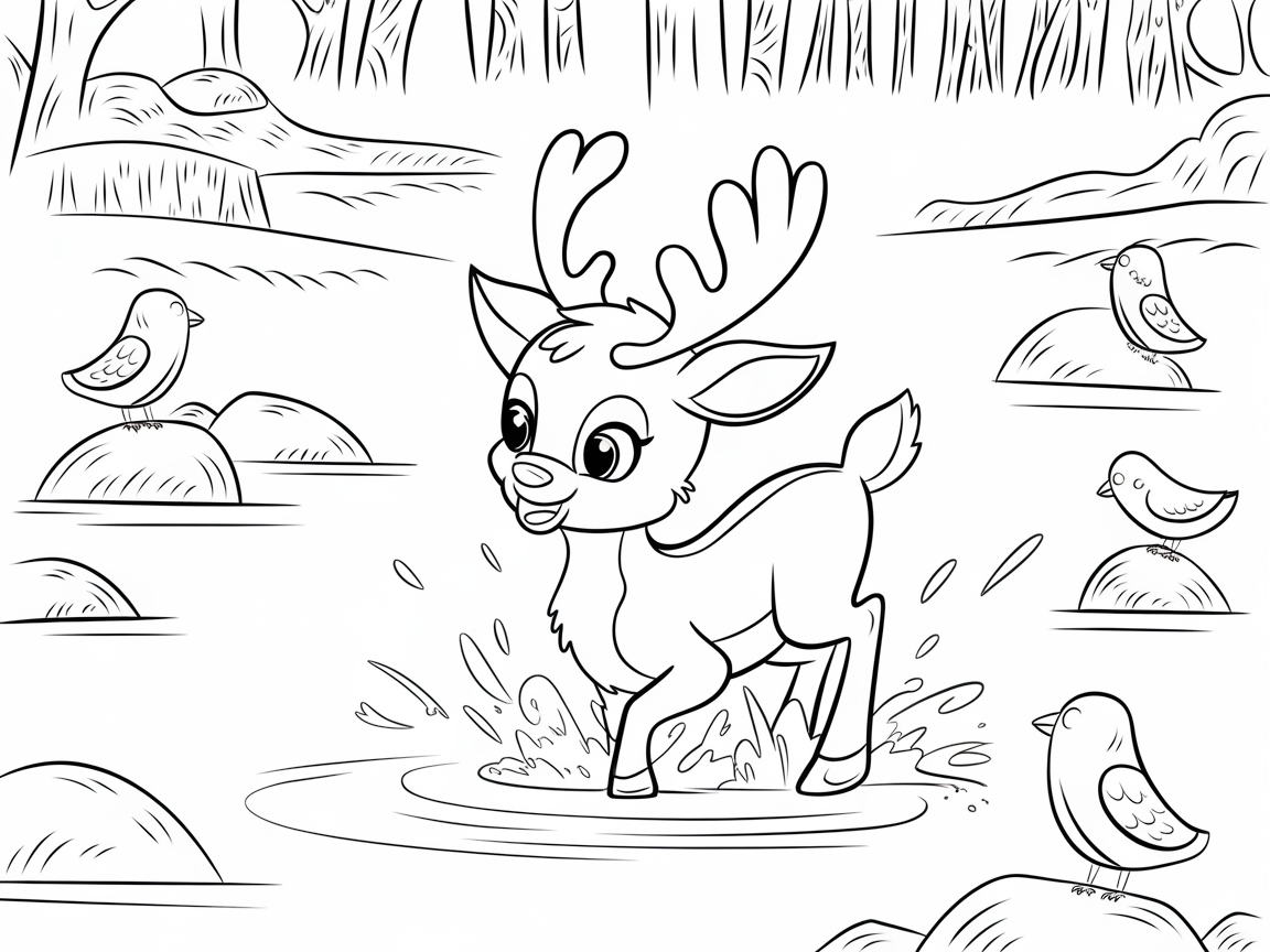 Splashy Adventure: Baby Reindeer in a Forest Pond