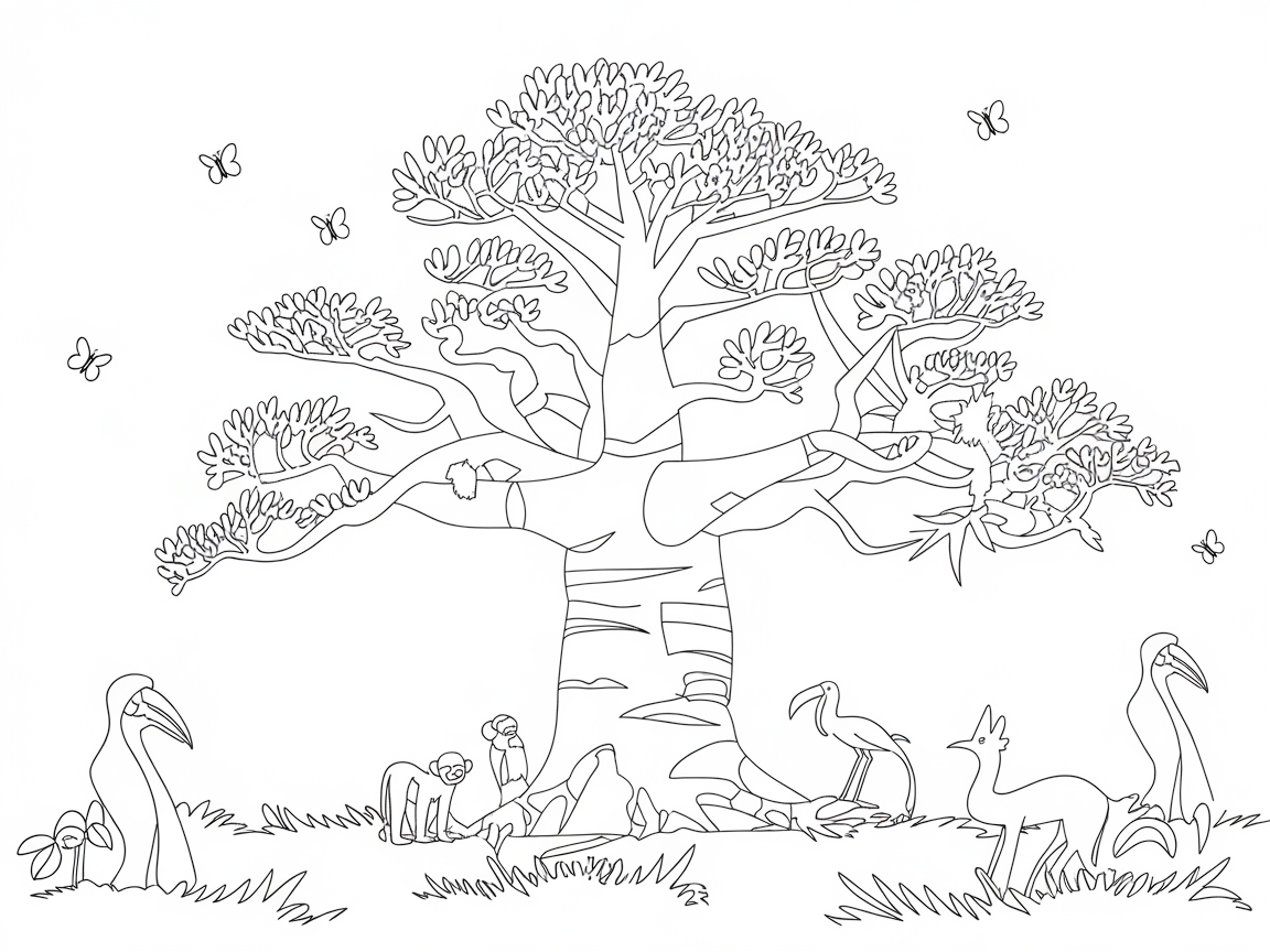 Baobab Tree with Vibrant Savanna Wildlife