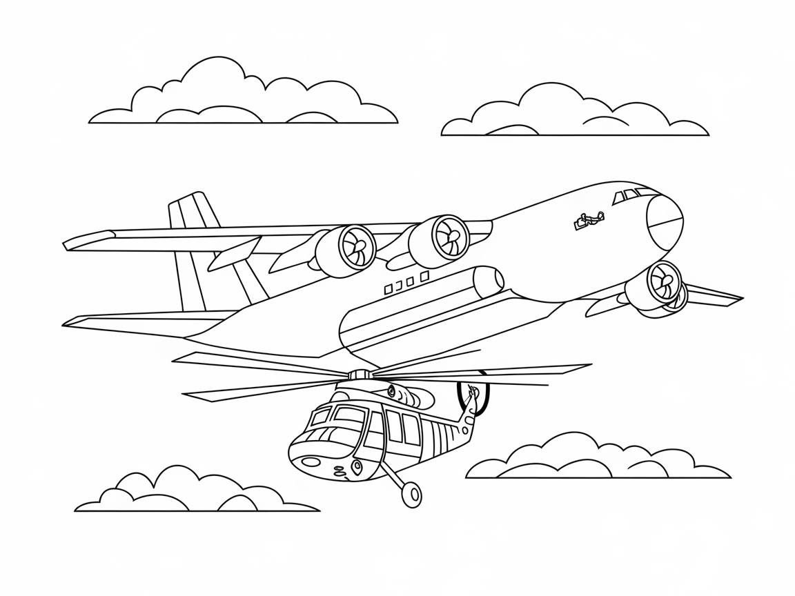 Airplane and Helicopter Duo in Action: Coloring Page