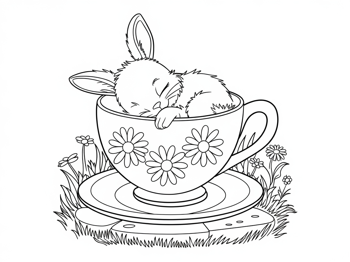 Sweet Dreaming Bunny in a Floral Teacup
