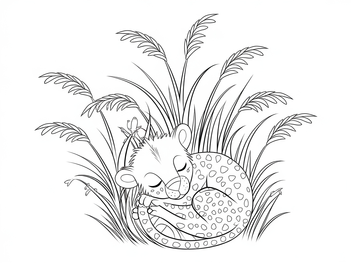Sleeping Baby Cheetah Among Tall Grasses