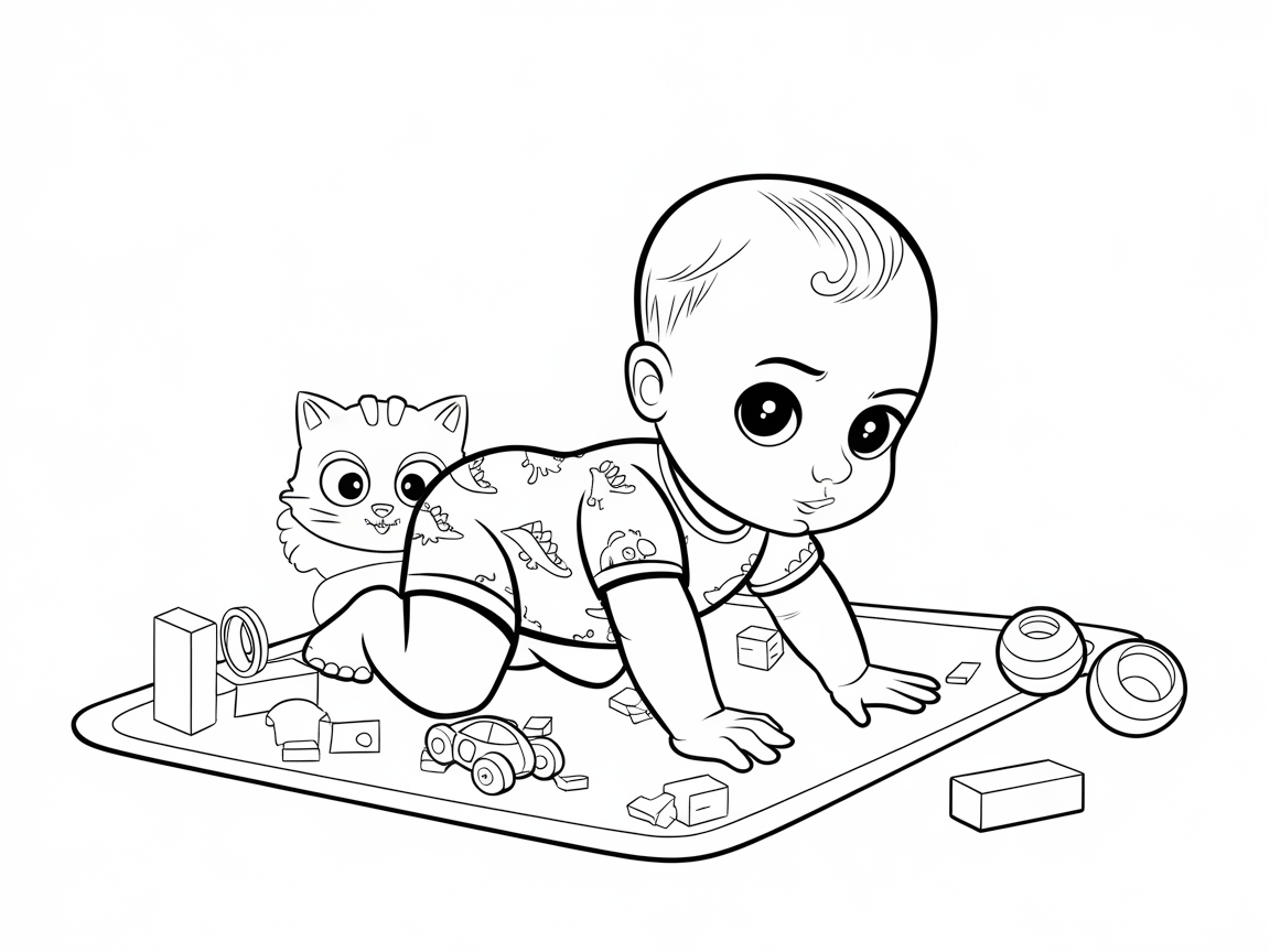Playful Baby and Cat on the Playmat Coloring Page